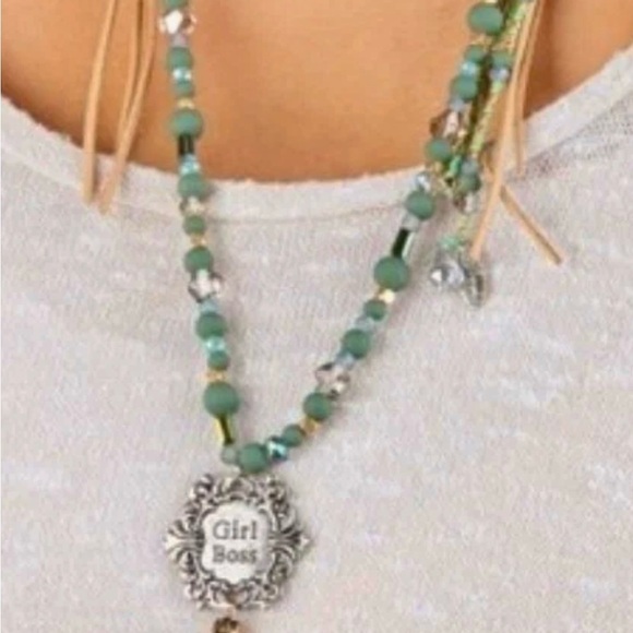 Bohemian Green and Silver 'Girl Boss' Necklace - Picture 3 of 8